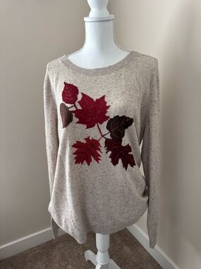 Talbots Beige Speckled Knit Sweater with Leaf Design